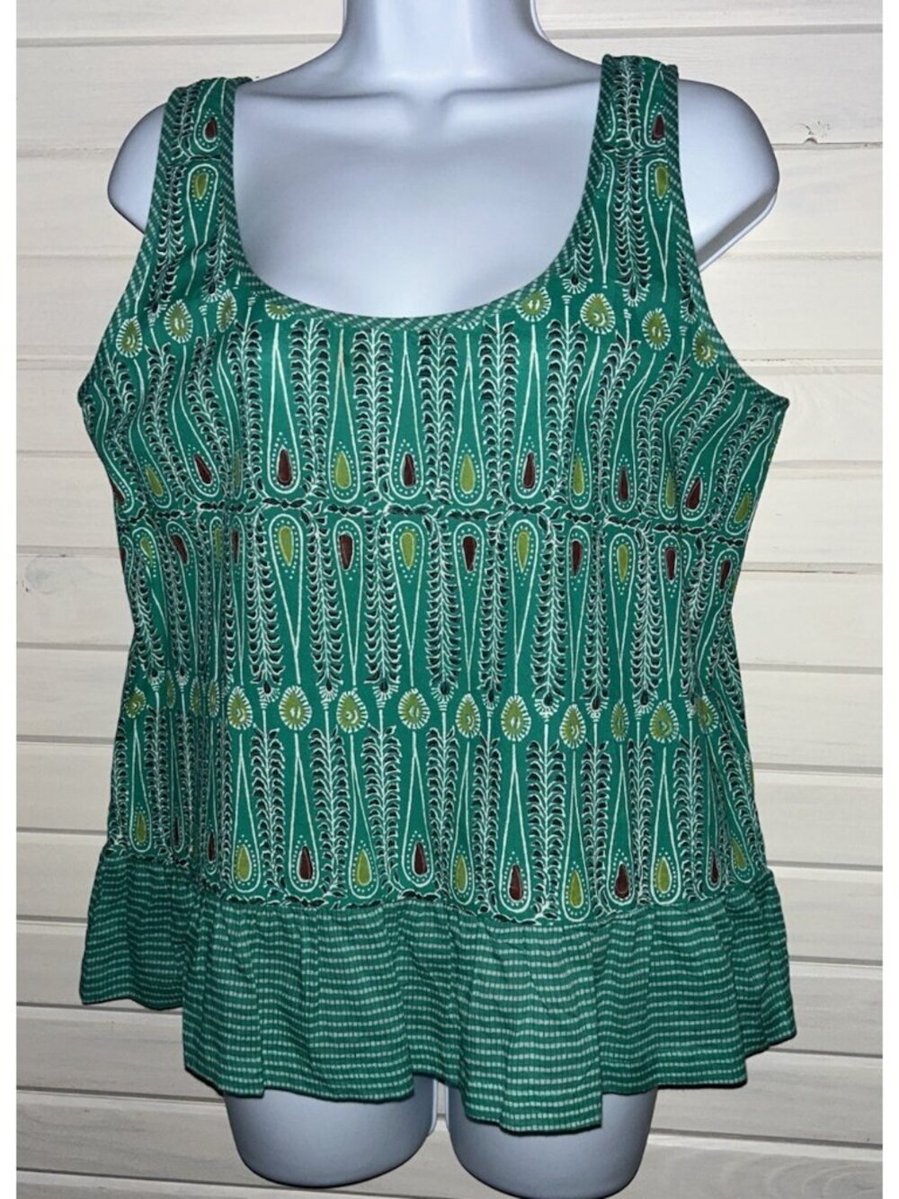 ANOKHI Sz MEDIUM Emerald Green Batik Peplum Top Sleeveless Tank Cotton EUC